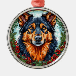 Ornement En Métal Chien de fête dans une couronne florale de Noël