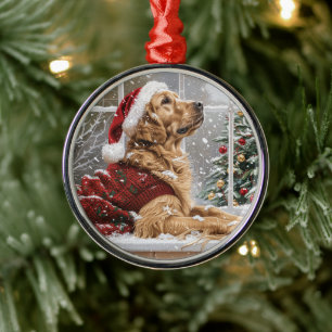Ornement En Métal Chien de Père Noël de Noël Golden Retriever