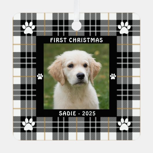 Ornement En Métal Chien PREMIER NOËL Tan Blanc Noir Tan Plaid (Recto)