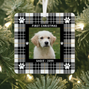 Ornement En Métal Chien PREMIER NOËL Tan Blanc Noir Tan Plaid 2 Phot
