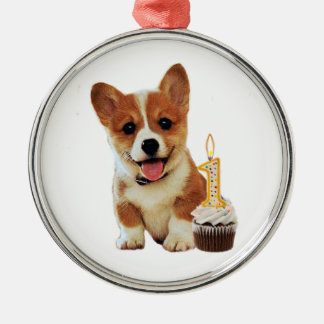 Ornement En Métal Chiot de corgi et premier petit gâteau