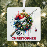 Ornement En Métal Christmas Fishing Loover Nom personnalisé<br><div class="desc">Accrochez un peu de joie de vacances avec cette fête de Noël de pêche festive! Doté d'un pôle de pêche surmonté d'un chapeau de Père Noël et d'une couronne ornée de décorations colorées, cet ornement est la prise parfaite pour tout pêcheur. Que vous ajoutiez une touche unique à votre arbre...</div>
