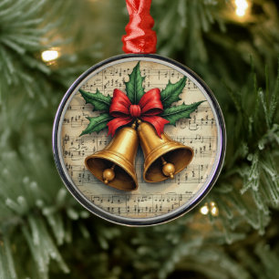 Ornement En Métal Cloches de Noël sur une partition de musique,