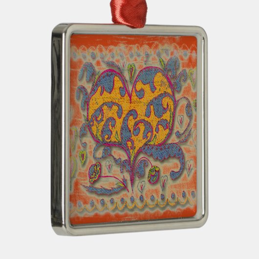 Ornement En Métal Coeur d'art populaire avec feuilles et fleurs (Droite)