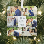 Ornement En Métal Collage photo de couple marié marié à nouveau Noël<br><div class="desc">Ce magnifique cadeau de Noël en métal de garde marié à couple présente une présentation classe de 6 photos mariages sur un arrière - plan blanc avec les noms, l'emplacement et la date du couple marié. Un merveilleux cadeau de vacances commémoratif en photo pour votre femme ou votre mari au...</div>