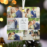 Ornement En Métal Collage photo de couple marié marié à nouveau Noël<br><div class="desc">Ce magnifique cadeau de Noël en métal de garde marié à couple présente une présentation classe de 6 photos mariages sur un arrière - plan blanc avec les noms, l'emplacement et la date du couple marié. Un merveilleux cadeau de vacances commémoratif en photo pour votre femme ou votre mari au...</div>