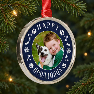 Ornement En Métal Couronne de photo de chien Festive Bleu Nuit Howli