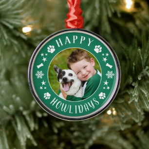 Ornement En Métal Couronne de photo de chien Festive Green Happy How