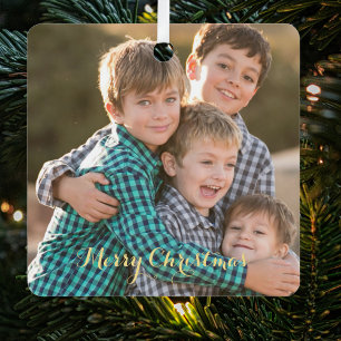 Ornement En Métal Create Family Photo Elegant Gold Script Christmas