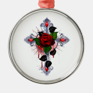 Ornement En Métal Croix d'argent avec une rose rouge
