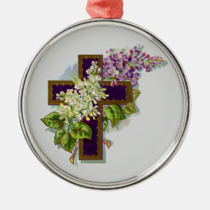 Ornement En Métal Croix Violette Et Fleurs
