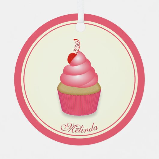 Ornement En Métal Cupcake rose rétro avec nom Date (Recto)