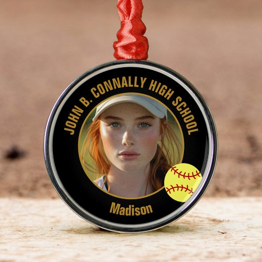 Ornement En Métal Custom Softball Player Photo Christmas Black Gold