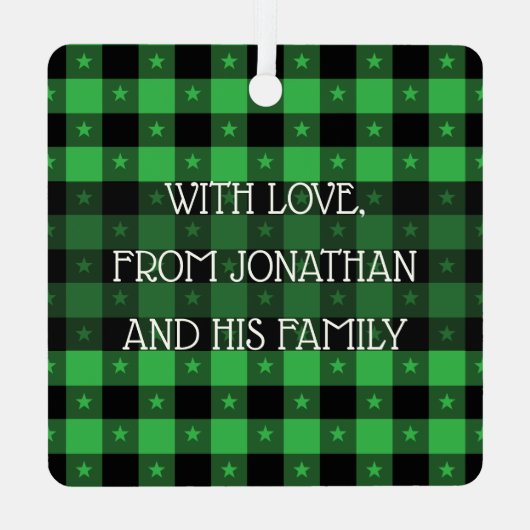 Ornement En Métal Cute Buffalo Plaid Avec Étoiles Personnalisé Nom E (Verso)
