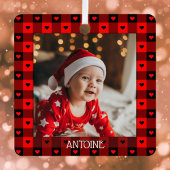 Ornement En Métal Cute Buffalo Plaid Coeurs de Noël personnalisé