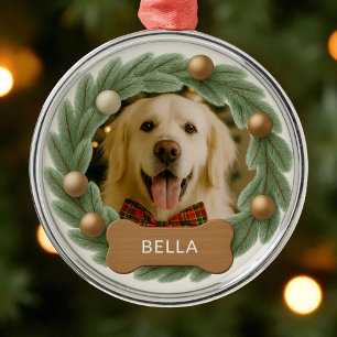 Ornement En Métal Cute Chien Photo Wreath Nom Fête Noël