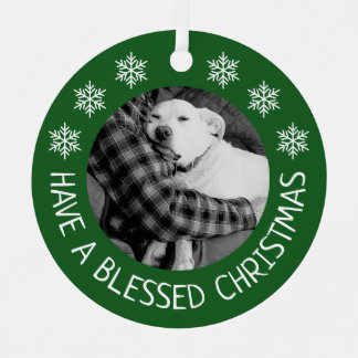 Ornement En Métal Cute Dog with Dad Photo Merry Christmas Green