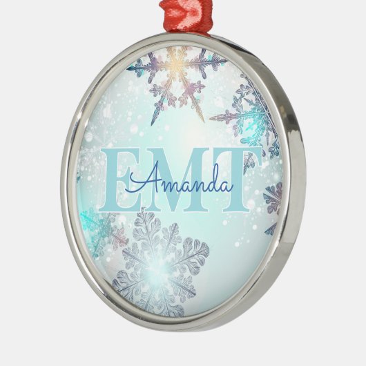 Ornement En Métal Cute EMT Ice Blue Snowflake Personalized Name (Gauche)