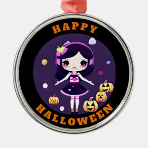 Ornement En Métal Cute Kawaii Girl en Halloween Citrouille