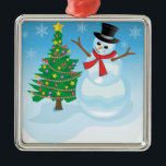 Ornement En Métal Cute Snowman<br><div class="desc">Un mignon bonhomme de neige aux flocons de neige et décoré sapin de Noël est si festif pour les vacances.</div>