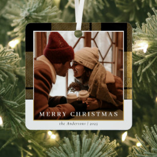 Ornement En Métal Design moderne Gold Plaid Photo Couple de Noël