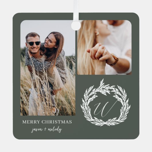 Ornement En Métal Deux photos Fiançailles Garland Wreath Monogramme (Recto)