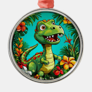 Ornement En Métal Dinosaure adorable entouré de fleurs colorées