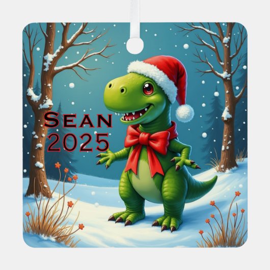 Ornement En Métal Dinosaure personnalisé avec nœud rouge (Recto)