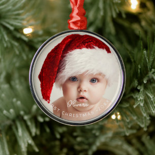 Ornement En Métal Écriture Élégante Ma 1ère Photo de Noël de Bébé