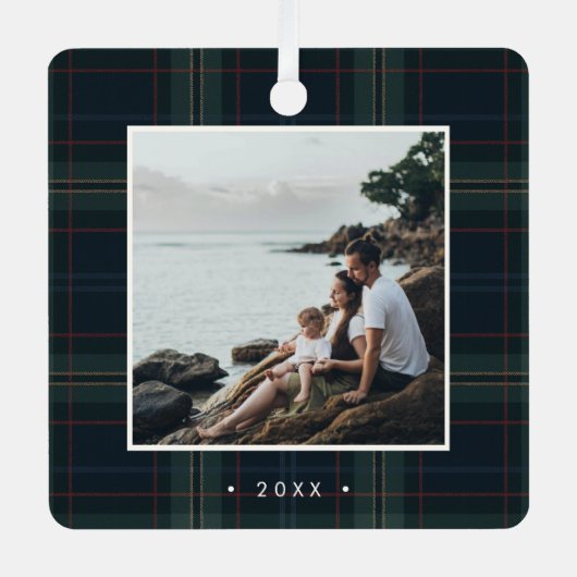Ornement En Métal Élégant bleu marine et vert photo plaid Noël (Recto)