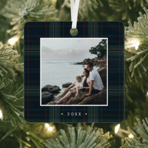 Ornement En Métal Élégant bleu marine et vert photo plaid Noël