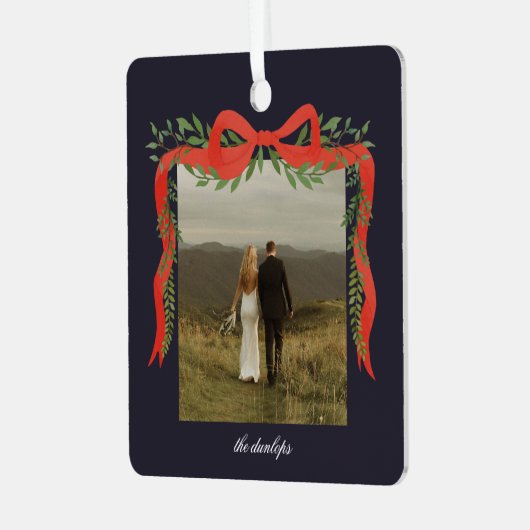 Ornement En Métal Elégant Bow rouge avec verdure Photo Noël (Avant gauche)