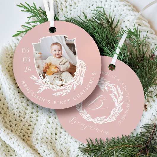 Ornement En Métal Elégant Garland Wreath Crest Baby First Christmas