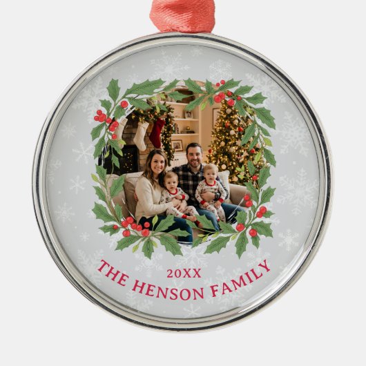 Ornement En Métal Elegant Holly Wreath Merry Christmas Photo (Devant)