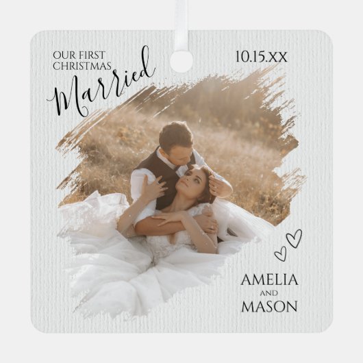 Ornement En Métal Elegant Modern Our First Christmas Married Photo (Recto)