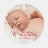 Ornement En Métal Elégant Simple Rouge Baby Photo Mon premier Noël (Verso)