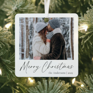 Ornement En Métal Élégant Simple Script Couple Photo Joyeux Noël