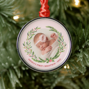 Ornement En Métal Elégante couronne première photo de Noël rose