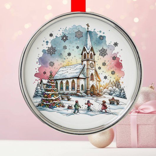 Ornement En Métal Enfants jouant à l'église à l'heure de Noël