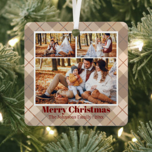 Ornement En Métal Famille Multi Photo Neutre Brun Carreaux de Noël