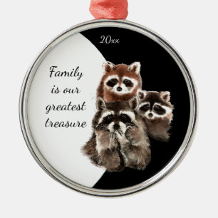 Ornement En Métal Family Quote Dated Watercolor Raccoon Animal