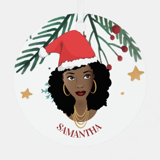 Ornement En Métal Femme noire, chapeau de Noël rouge, arbre, étoiles (Verso)