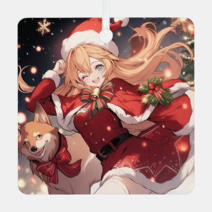 Ornement En Métal Fille Anime Adorable de Père Noël et Chien Shiba d
