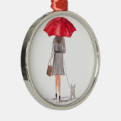 Ornement En Métal Fille avec parapluie rouge aquarelle chien mignon (Droite)