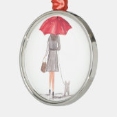 Ornement En Métal Fille avec parapluie rouge aquarelle chien mignon (Gauche)