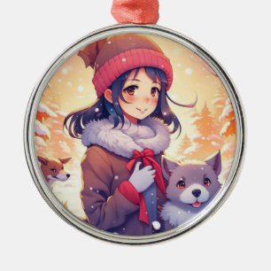 Ornement En Métal Fille d'anime et chiens avec fond de Noël
