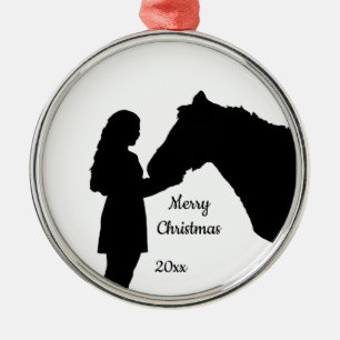 Ornement En Métal Fille de Noël Datée et son cheval amour Silhouette