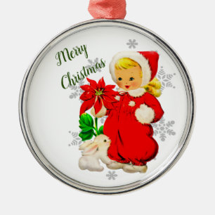 Ornement En Métal Fille de Noël vintage avec fleur de Poinsettia