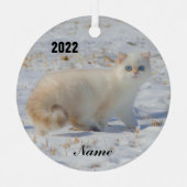 Ornement En Métal Flamme Point Chat avec yeux bleus dans la neige (Recto)