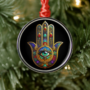 Ornement En Métal Fleur de couleur de paon Pétales de Hamsa Vert Tro